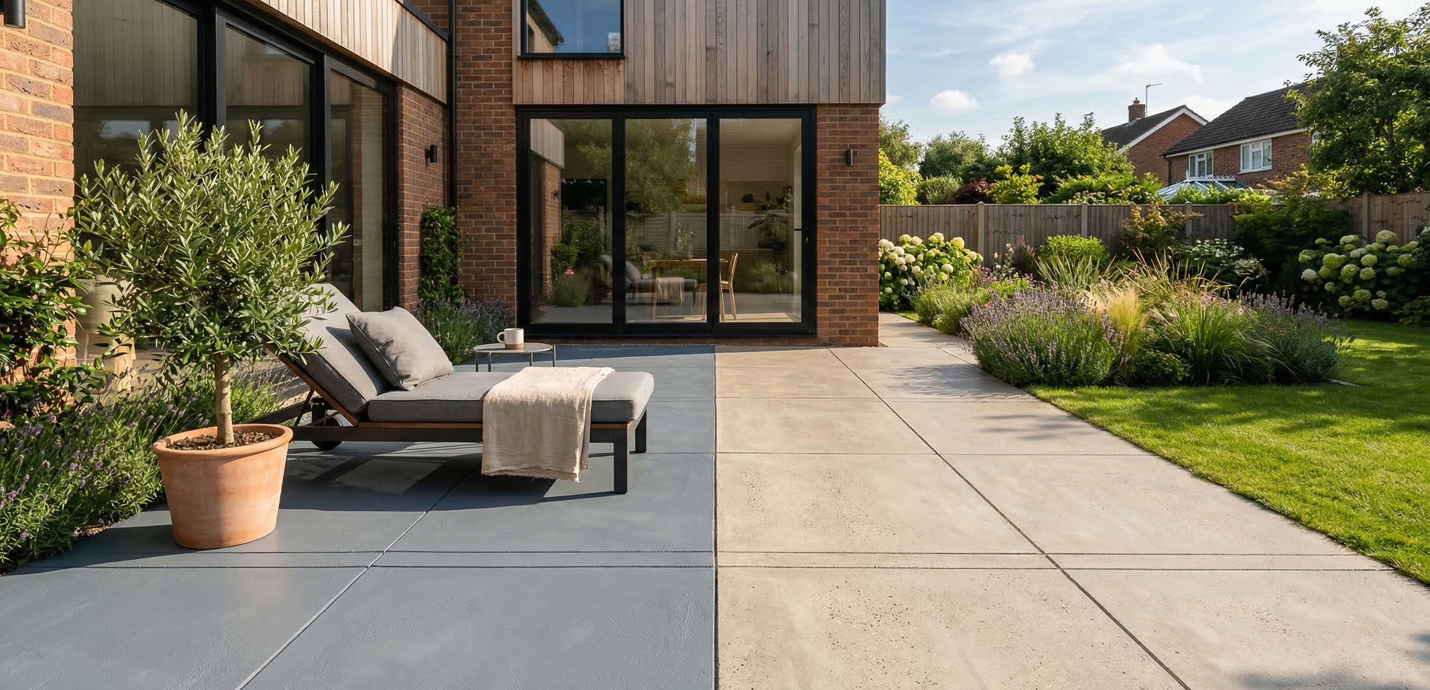 Modern outdoor concrete patio finished with durable, UV-resistant slate grey acrylic paint.
