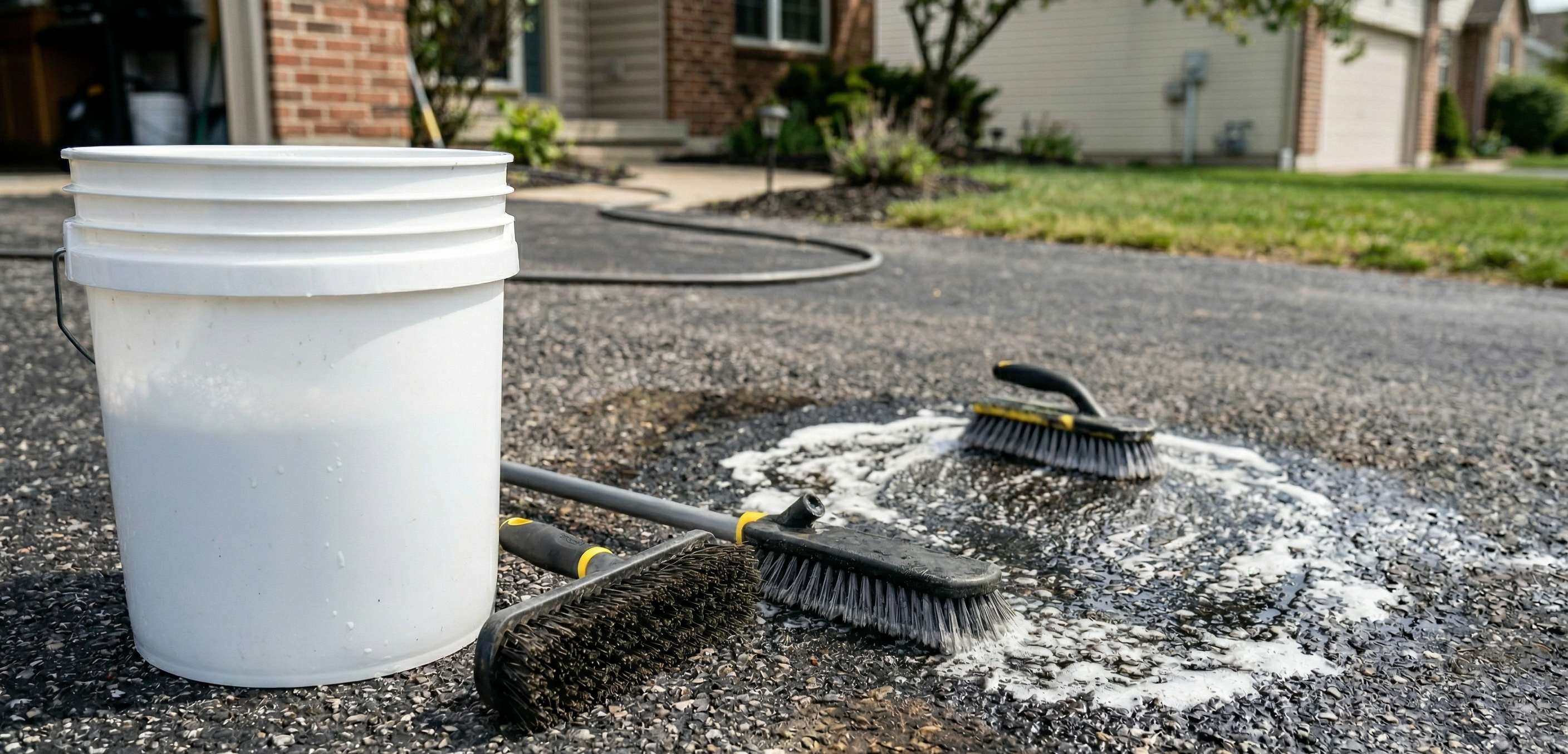 A blank cleaning tub and scrubbing brush positioned on a dark asphalt driveway with a visible oil stain.