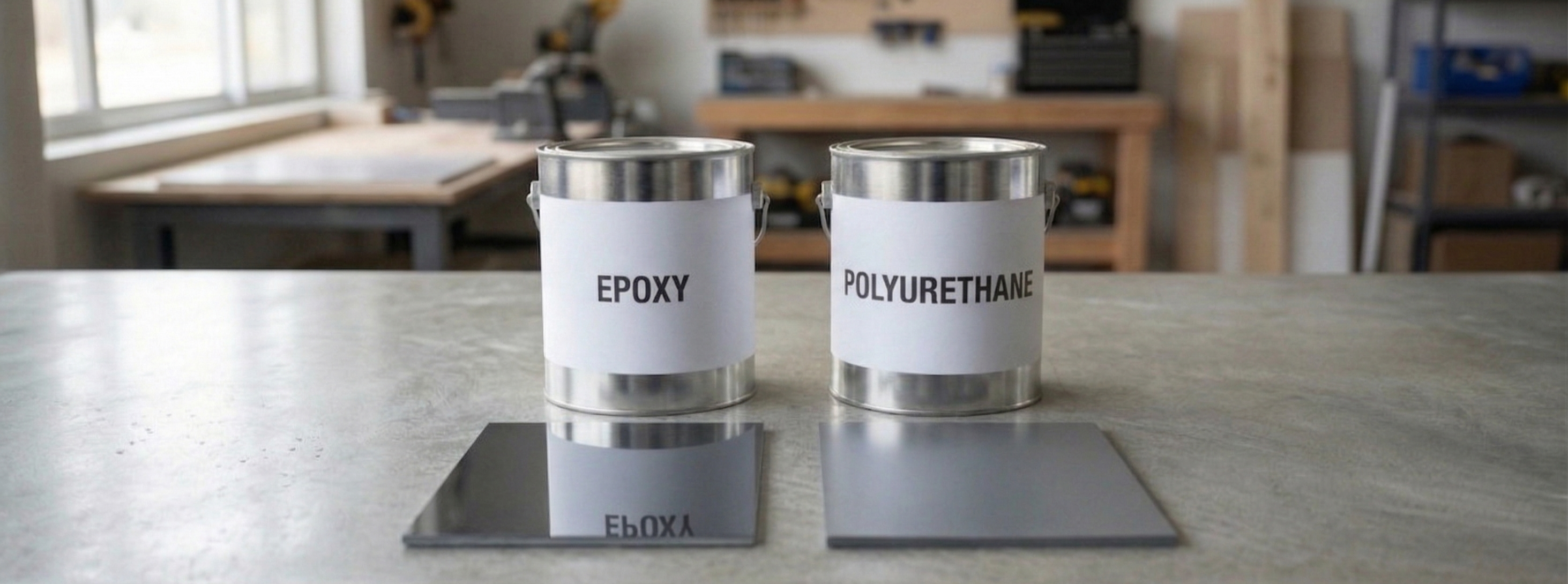 A comparison image of an Epoxy Paint next to a Polyurethane Paint.