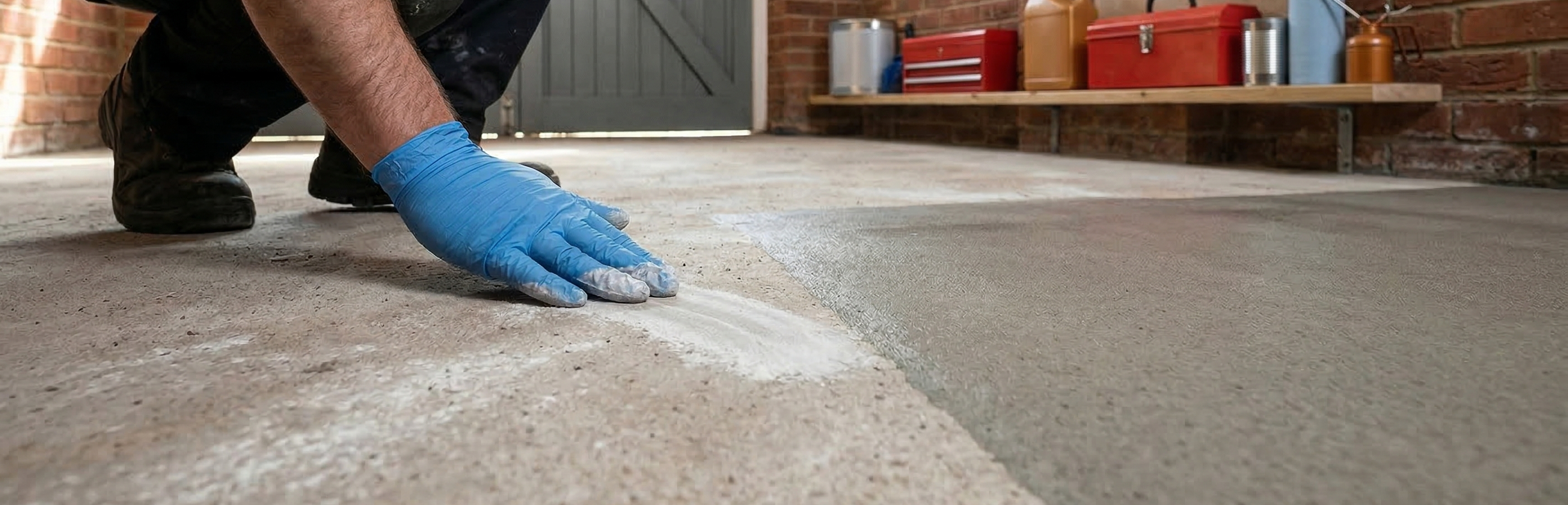 Identifying dusting concrete on a UK garage floor by checking for white chalky residue on fingertips.