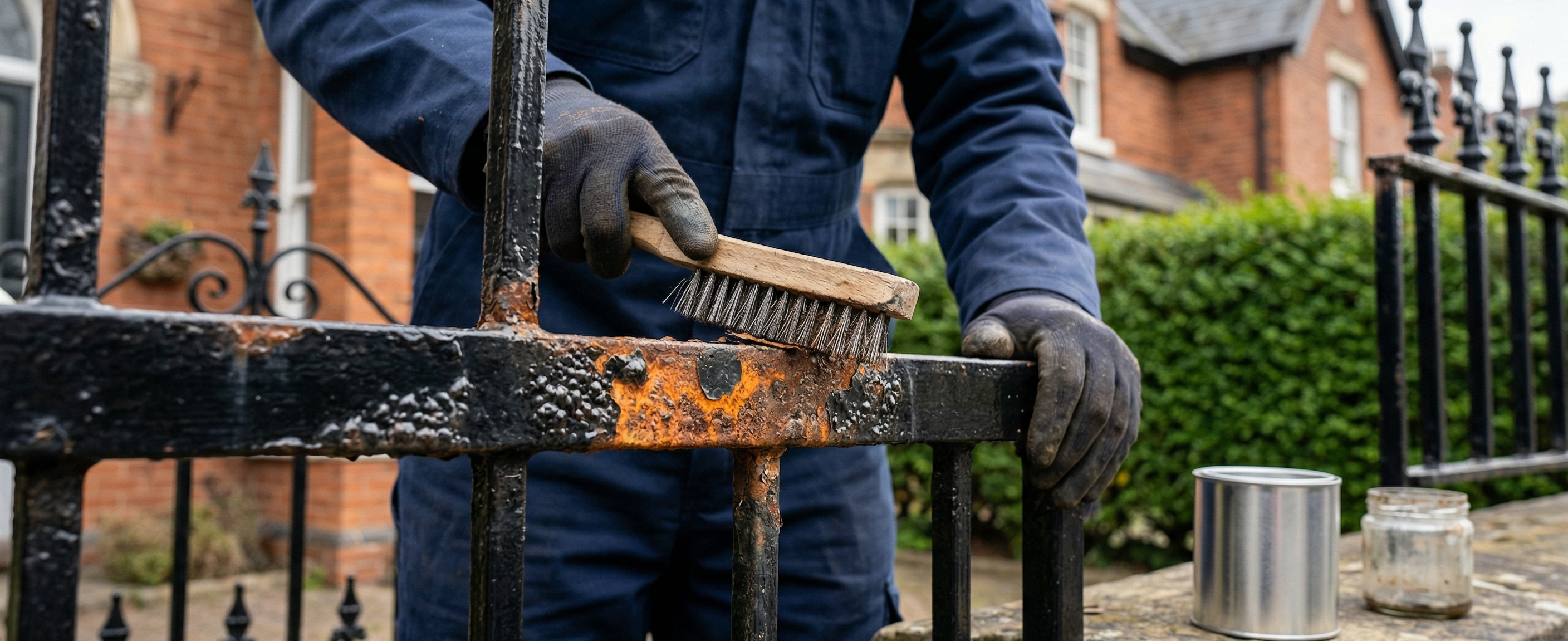 A close-up of a wire brush being used to remove active corrosion from a wrought iron railing.