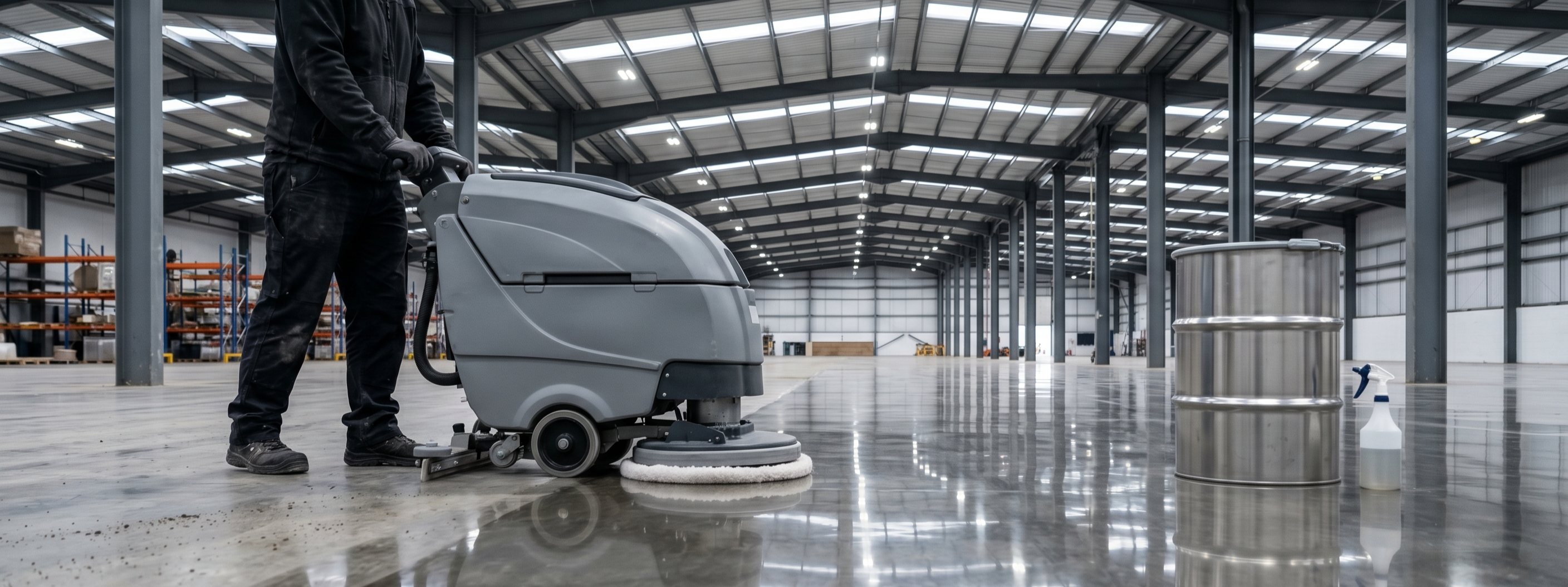 An unbranded industrial floor scrubber being used to maintain the high-gloss shine on a polished concrete warehouse floor.