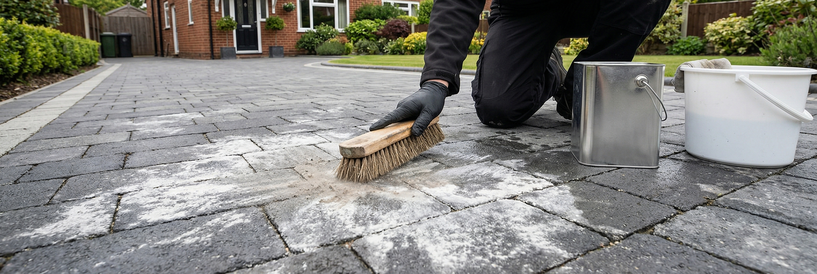 Scrubbing white efflorescence salt deposits from a block paving driveway before applying sealer.