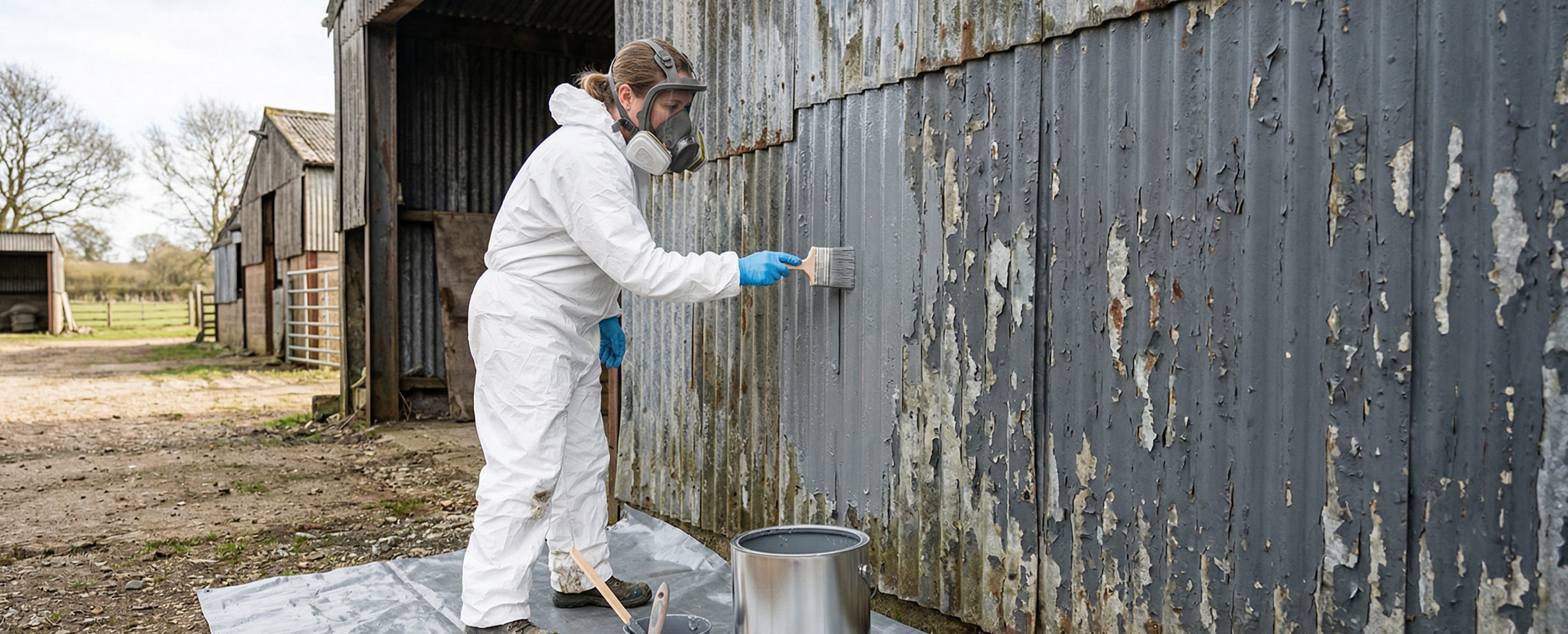 A person in a protective suit and respirator preparing to encapsulate lead paint on a metal farm building.