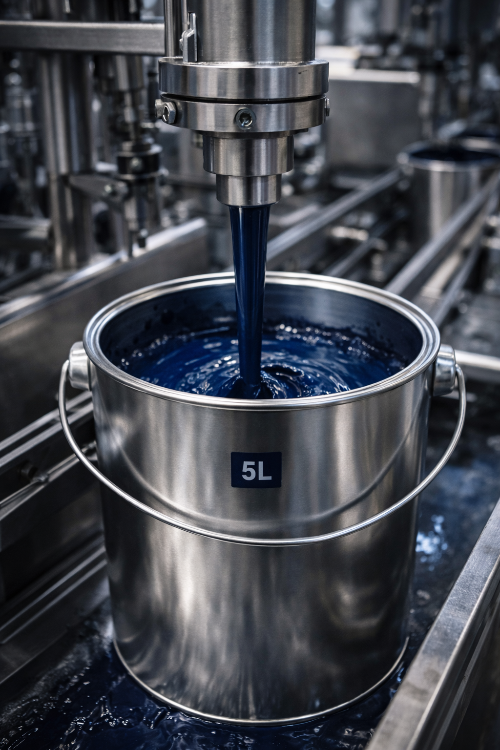 Blue liquid being poured from a machine into a large metal container labeled '5L'.