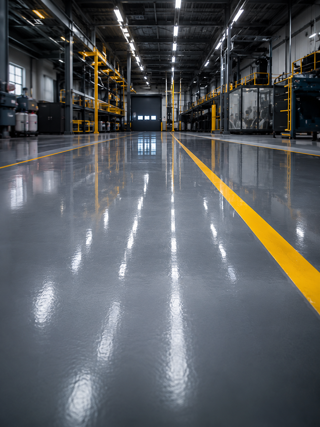 A wide, clean industrial warehouse interior with a glossy gray floor, a bold yellow aisle line, and tall shelving and machinery along both sides under bright overhead lights.