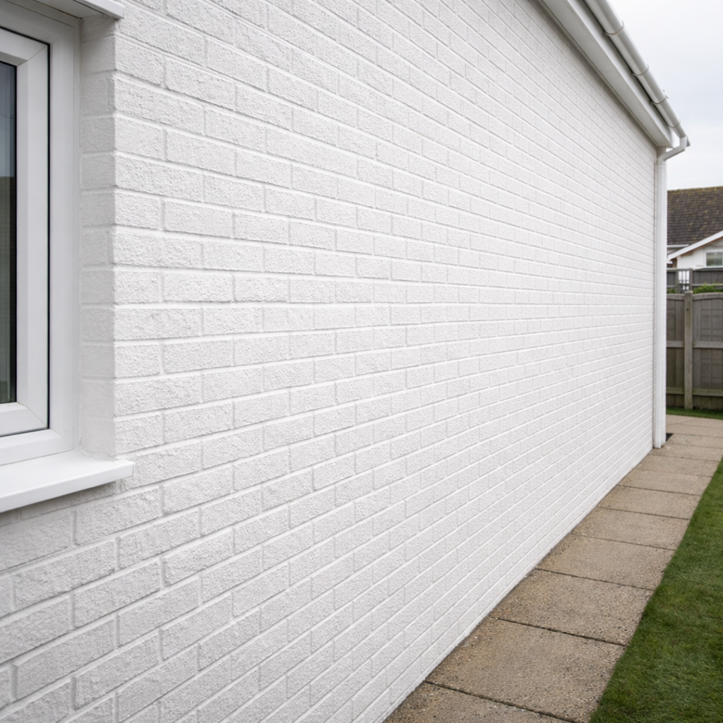 White brick wall of a house with a window and pavement.