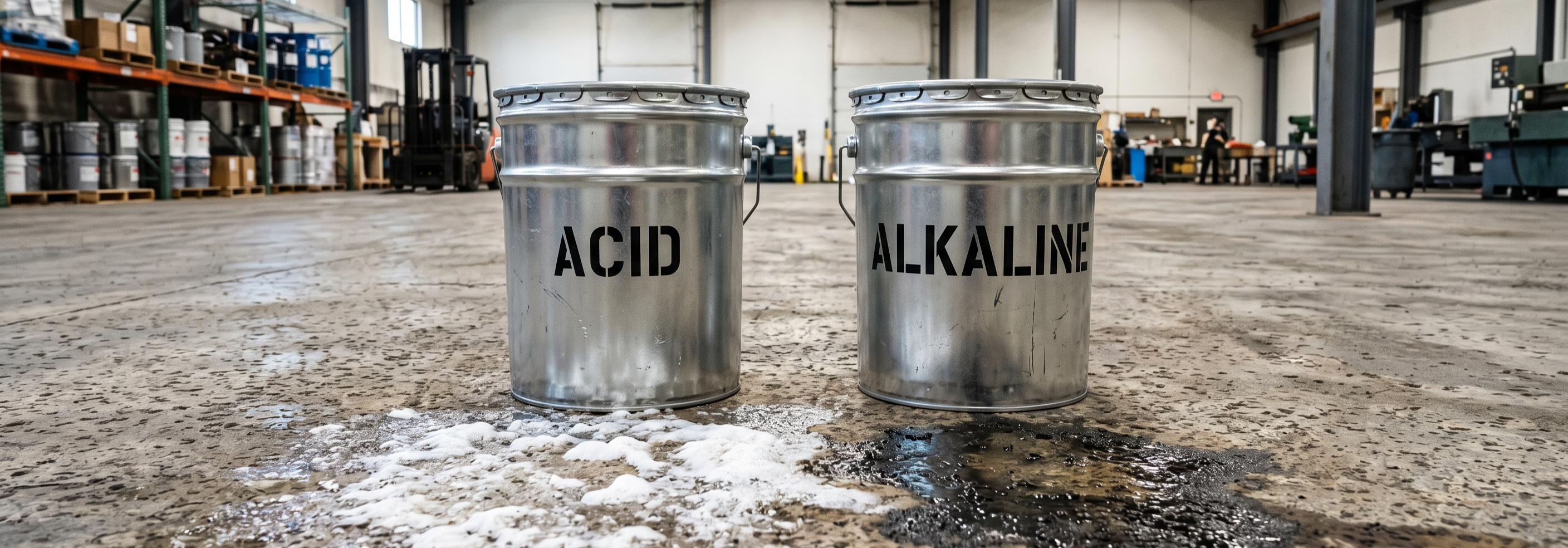 Two unbranded silver tins labeled Acid and Alkaline on an industrial concrete warehouse floor.