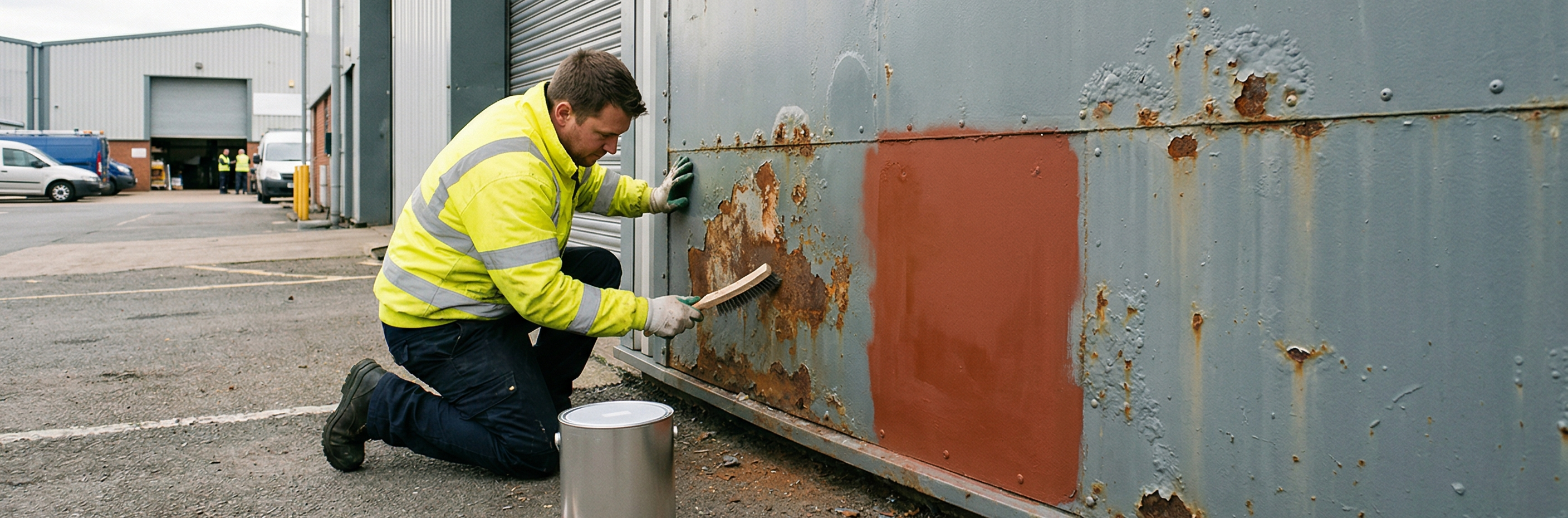 Treating surface rust patches on industrial metal cladding with a reddish-brown oxide primer.