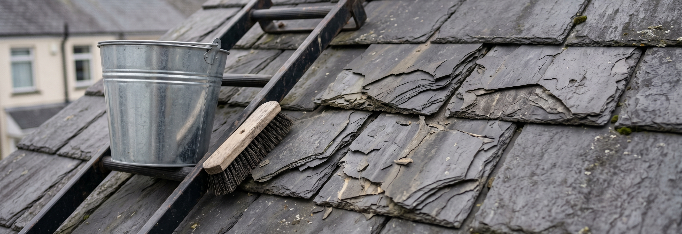 Close-up of dark grey roof slates peeling apart into thin layers due to environmental wear and age.