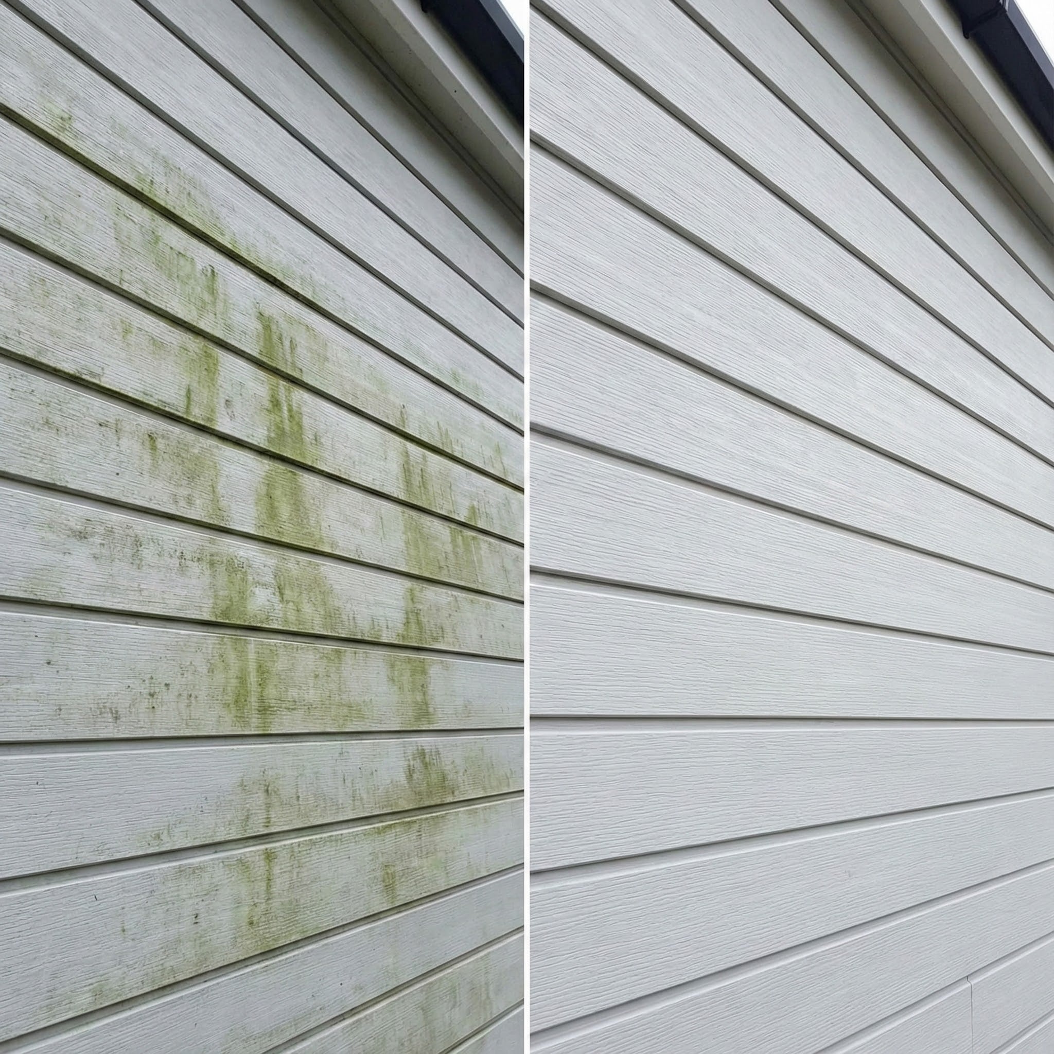 Before and after comparison of a house exterior with green moss on left and clean surface on right.