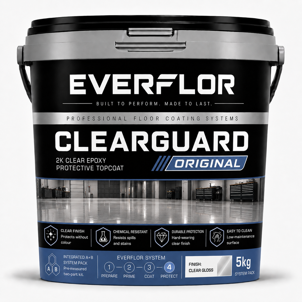 A 5kg bucket of Everflor Clearguard Original 2K Clear Epoxy Protective Topcoat floor coating, featuring a black and silver label with blue accents on a white background.