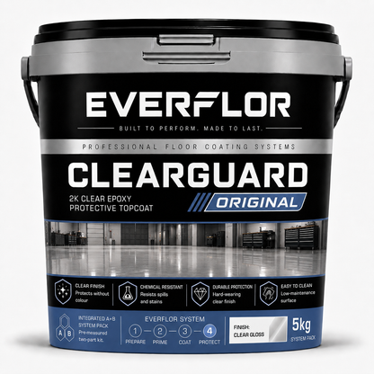 A 5kg bucket of Everflor Clearguard Original 2K Clear Epoxy Protective Topcoat floor coating, featuring a black and silver label with blue accents on a white background.