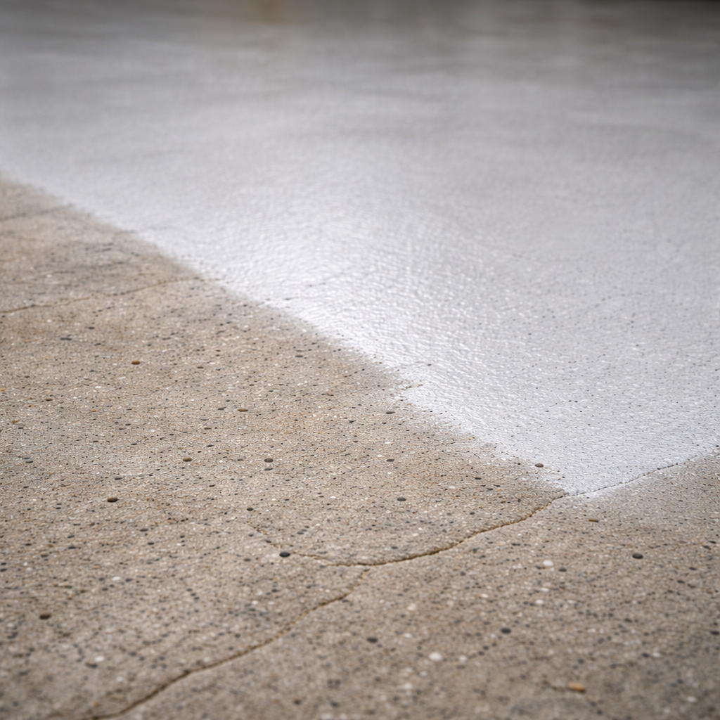 Concrete surface with a crack and white patch
