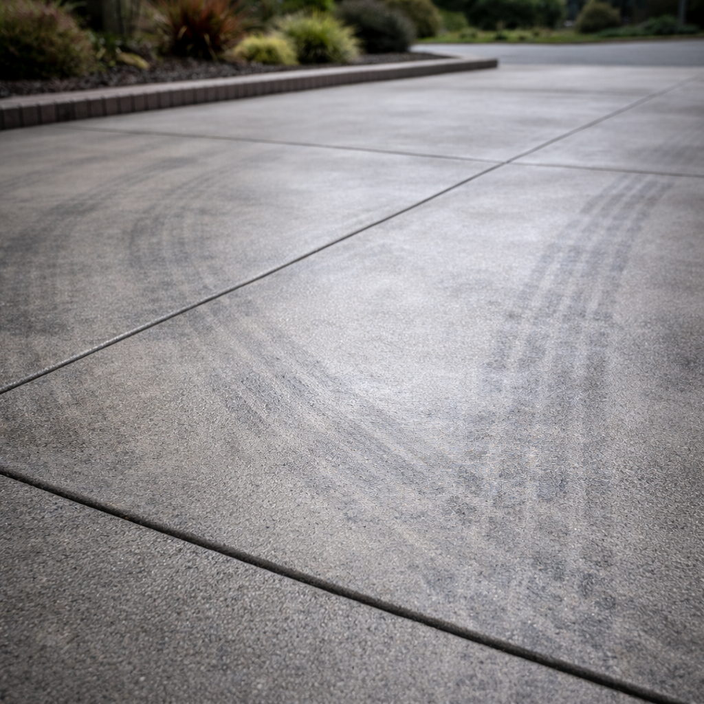 Close-up of a concrete driveway with a blurred background