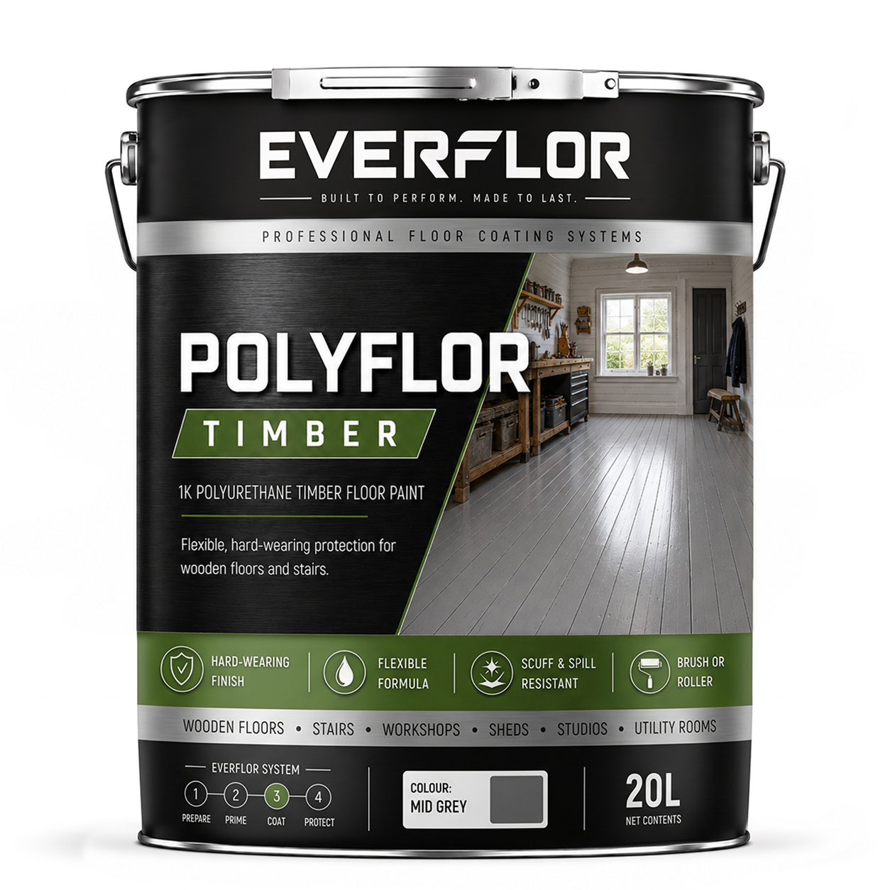A 20L can of EverFlOR PolyFlOR Timber floor paint in the color Mid Grey, shown on a clean white background. The can features a black and silver label with a photo of a wooden floor in a room.