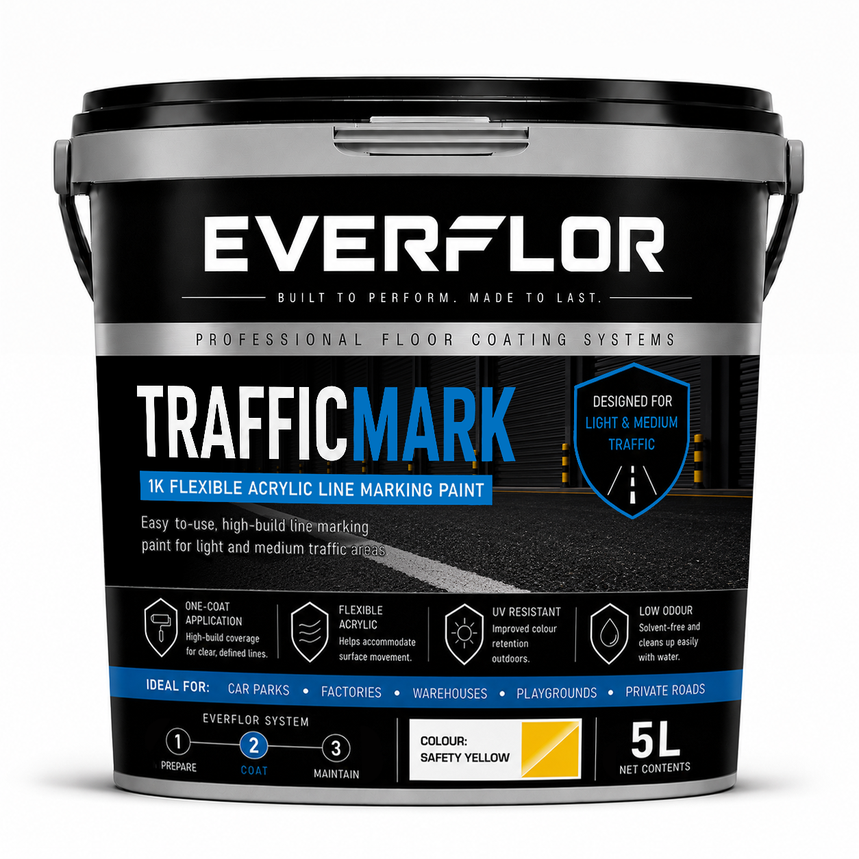 A 5L bucket of Everflor Traffic Mark 1K Flexible Acrylic Line marking paint in Colour Safety Yellow, shown on a clean white background.