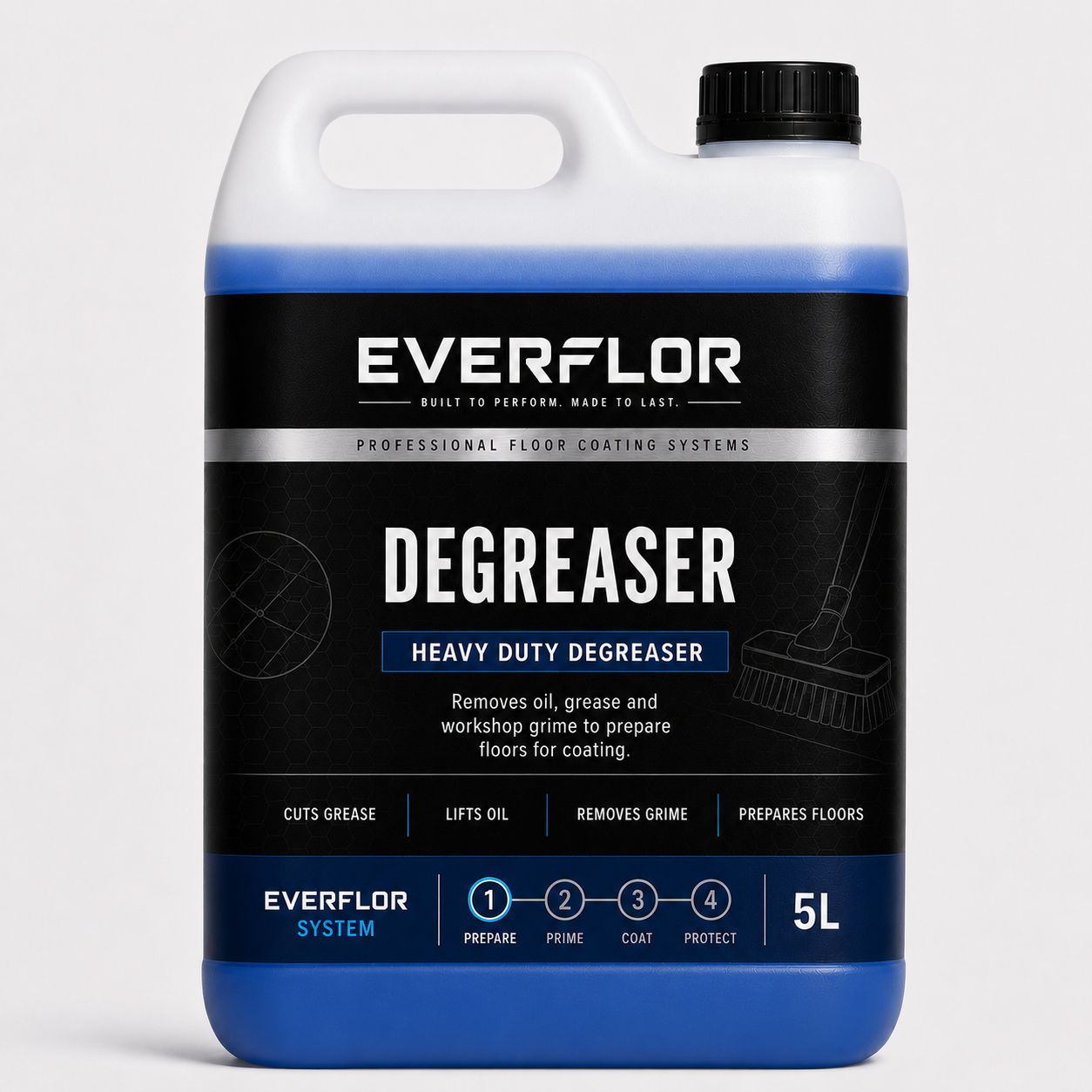 A 5L Everflor Heavy Duty Degreaser plastic jug with a white handle and cap, featuring a black and blue label with white text.