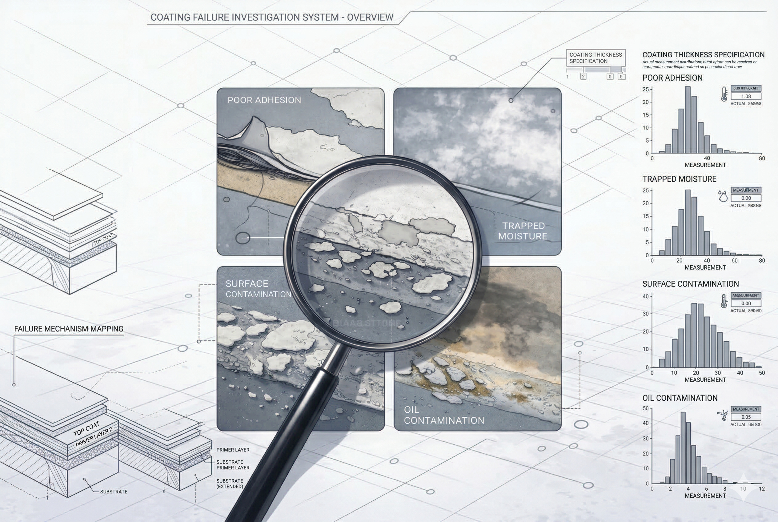 Coating failure investigation system overview with magnifying glass and technical diagrams.
