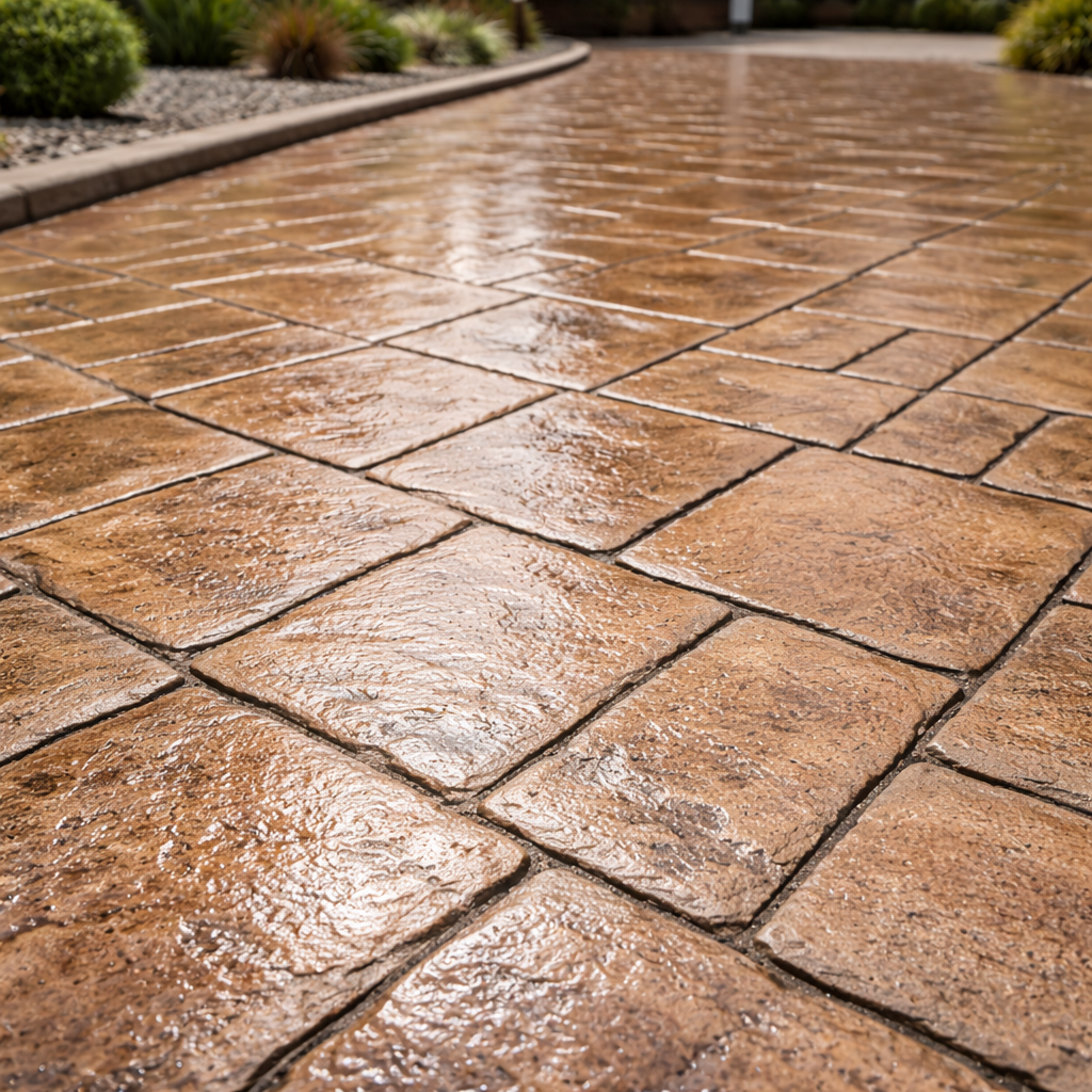 Close-up of a wet stone-paved driveway with a blurred background