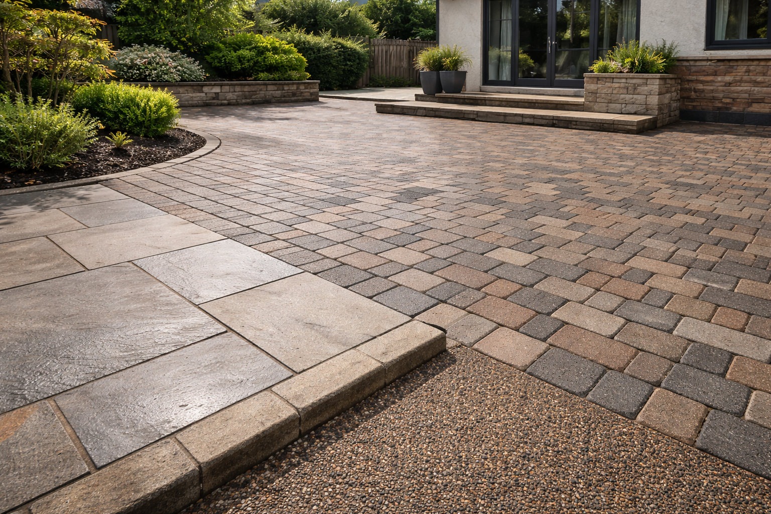 Paved patio area with a modern house in the background