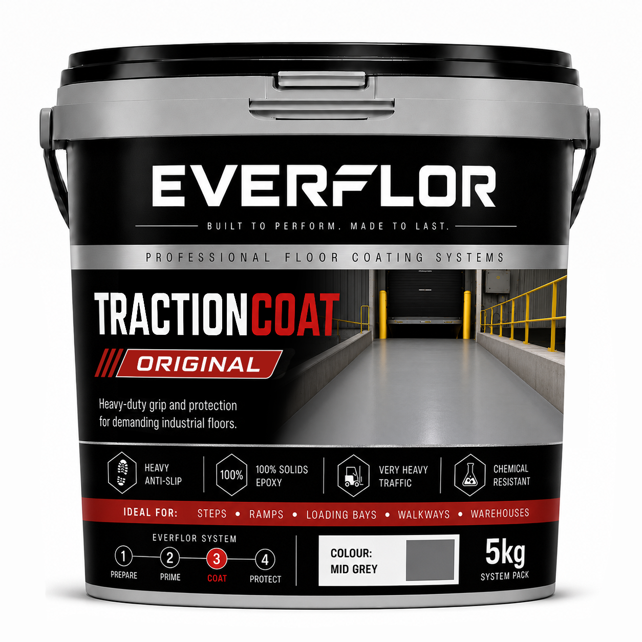 A 5kg bucket of Everflor TractionCoat Original floor coating, shown on a clean white background. The bucket is black with a silver lid and features a label detailing product features, application steps, and a color swatch indicating 'Mid Grey'.