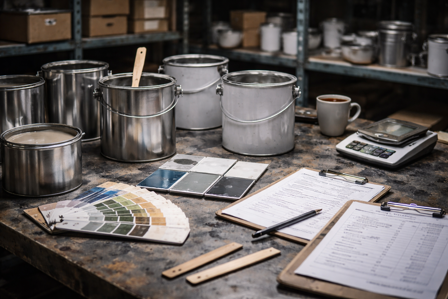 Workshop table with paint cans, color swatches, and tools in a workshop setting.