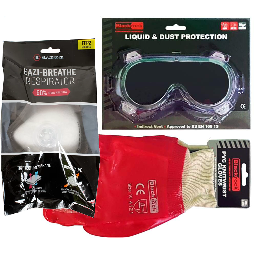 Blackrock - Veiligheidskledingpakket - 1 x ademhalingsmaskers met ventiel, 1 x PVC-bril en 1 x PVC-handschoenen